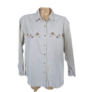 Basic Editions Womens XL Tan Gingham Floral Embroidered Long Sleeve Button Shirt